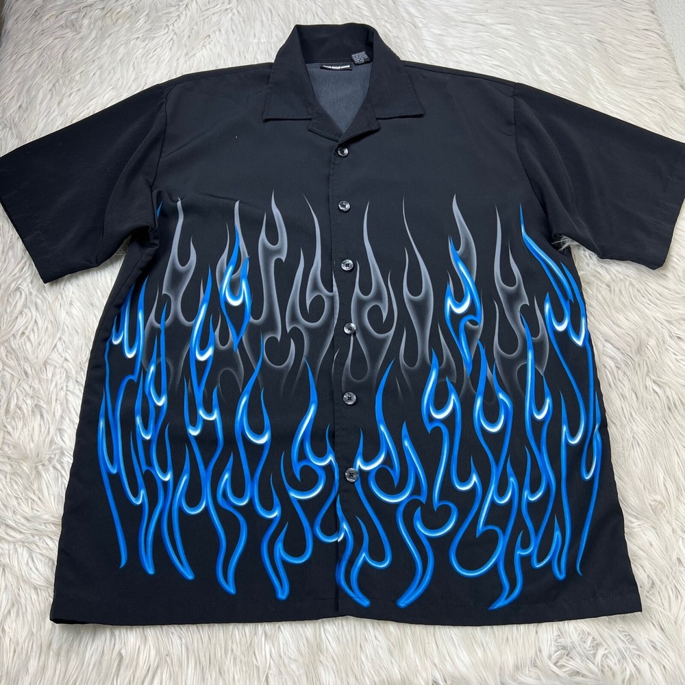 Vintage 90's ODO Men's L Black Blue Flame Print Button Front Shirt Guy Fieri